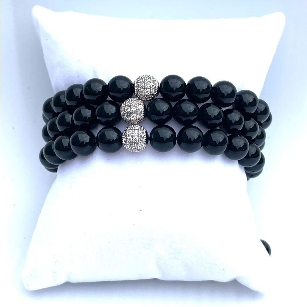 Aura Black Onyx and Silver Beaded Set Of 3 Bracelets New With Box